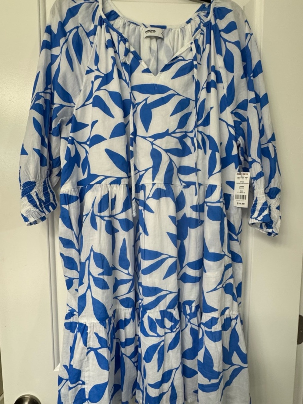 Sonoma White Dress with Bright Blue Leaf Print